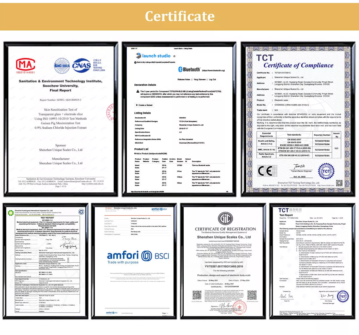 our certificates of smart body scales